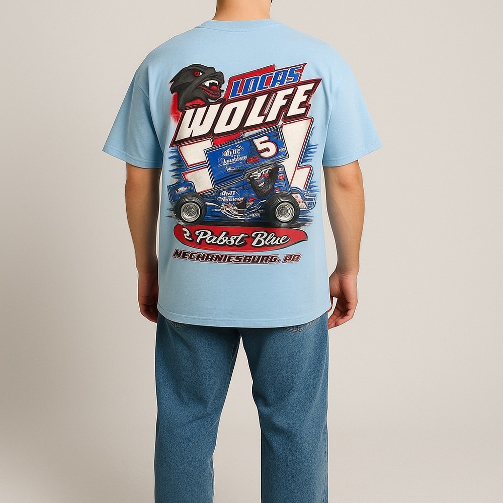 Vintage Lucas‎ Wolfe PBR Sprint Car Racing Tee 2XL Light Blue Full Back Graphic
